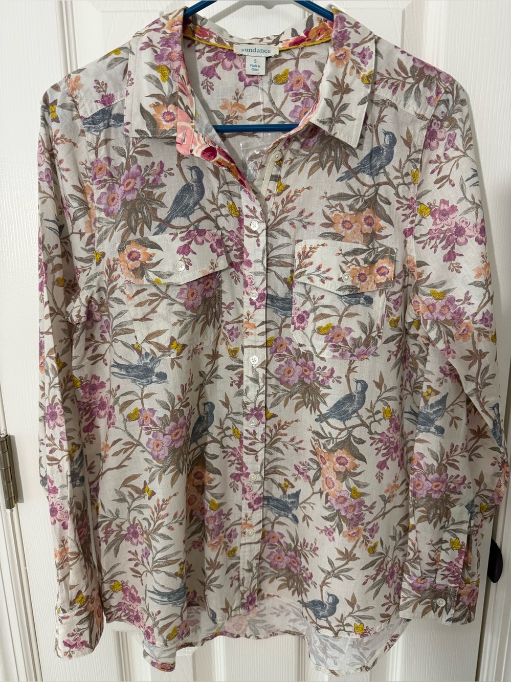 Sundance Catalog Floral & Bird Print Button-Up Shirt Top